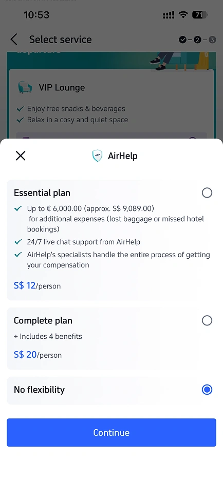 Earlier AirHelp plan selection, with details split between summaries and expandable content
