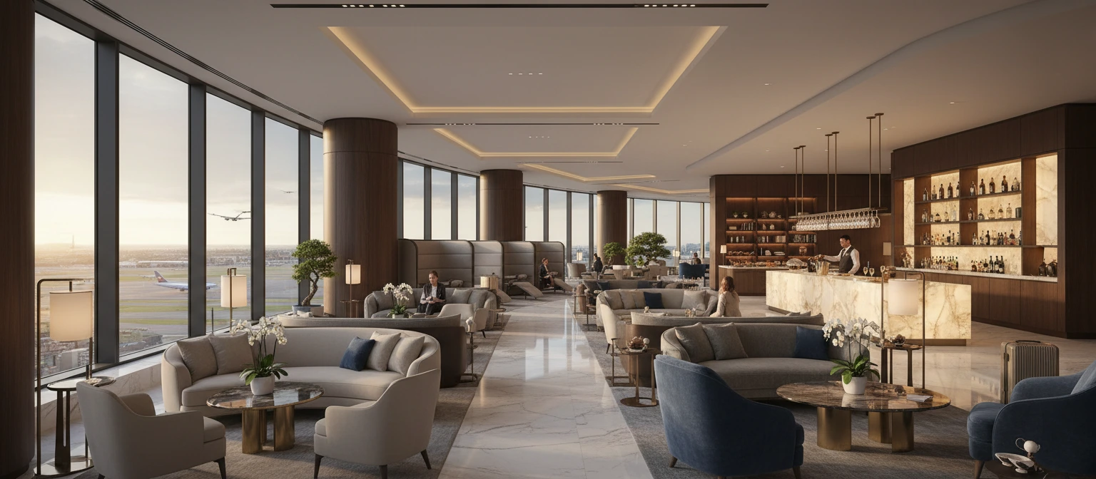 Lounge interior with seating, windows and refreshments