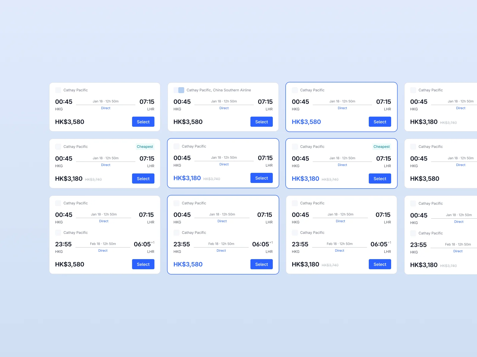 Flight-card variants for one-way and return trips, discounts and hover states