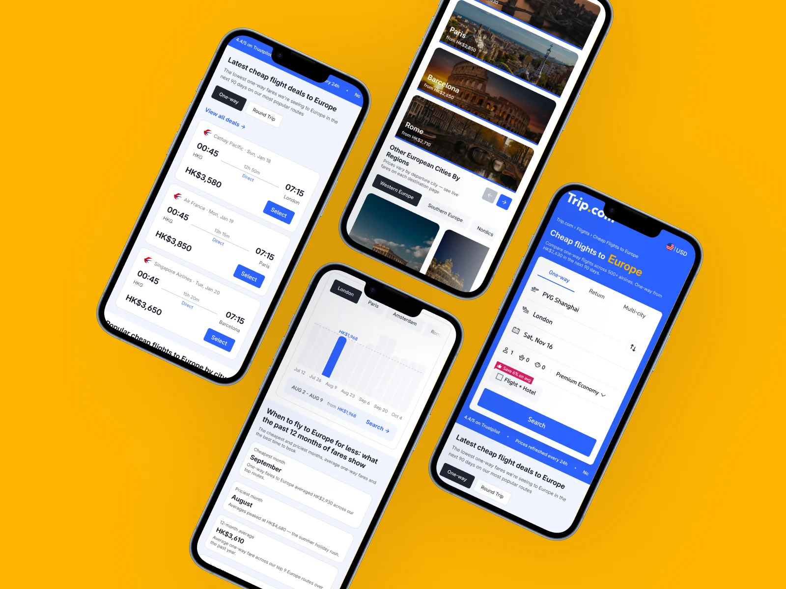 Europe flight page designs across four mobile screens