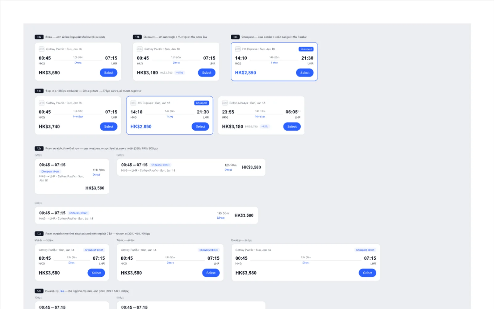 Coded flight-card variants imported into Figma for design checks