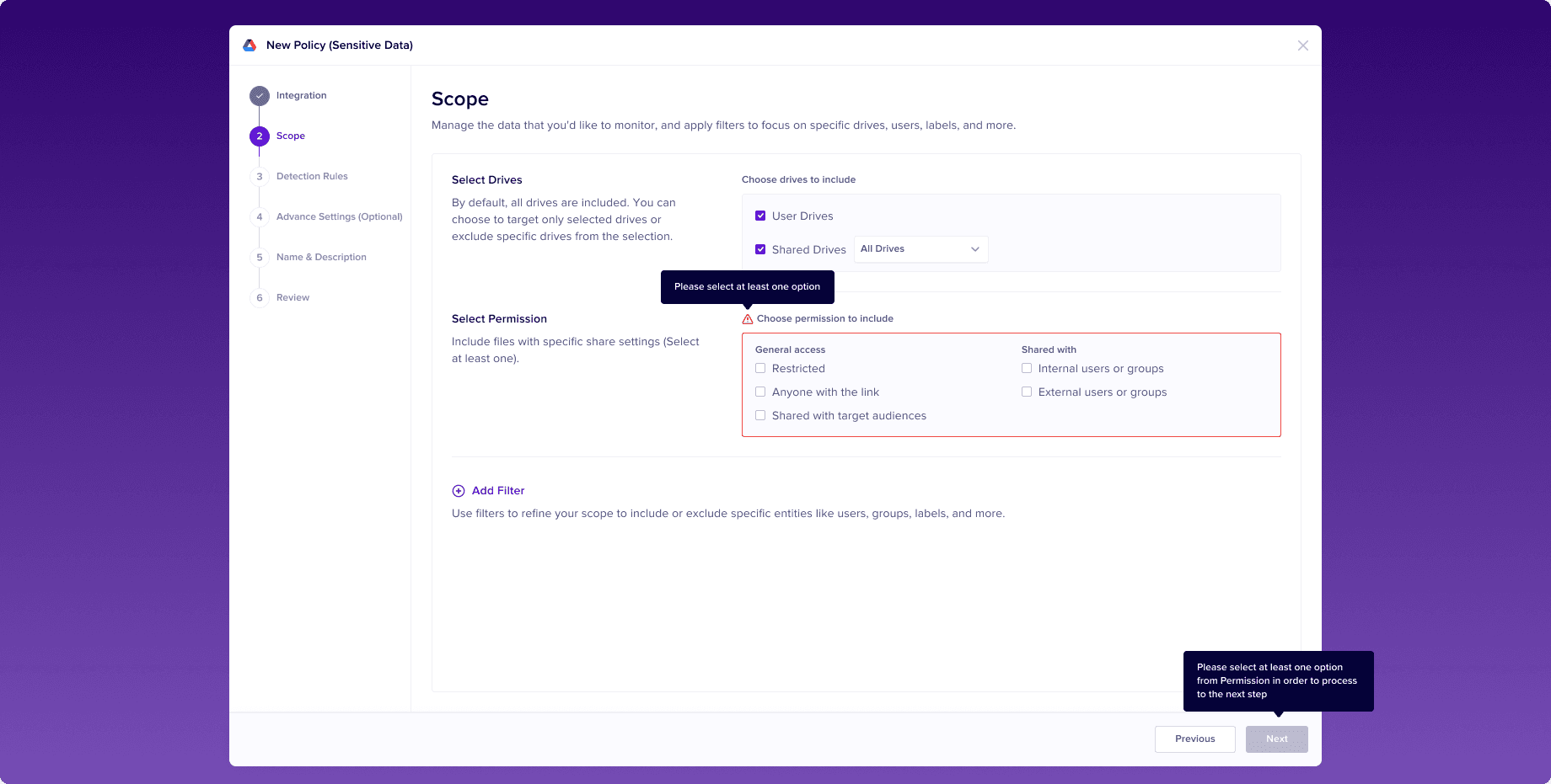 Policy scope step with inline validation