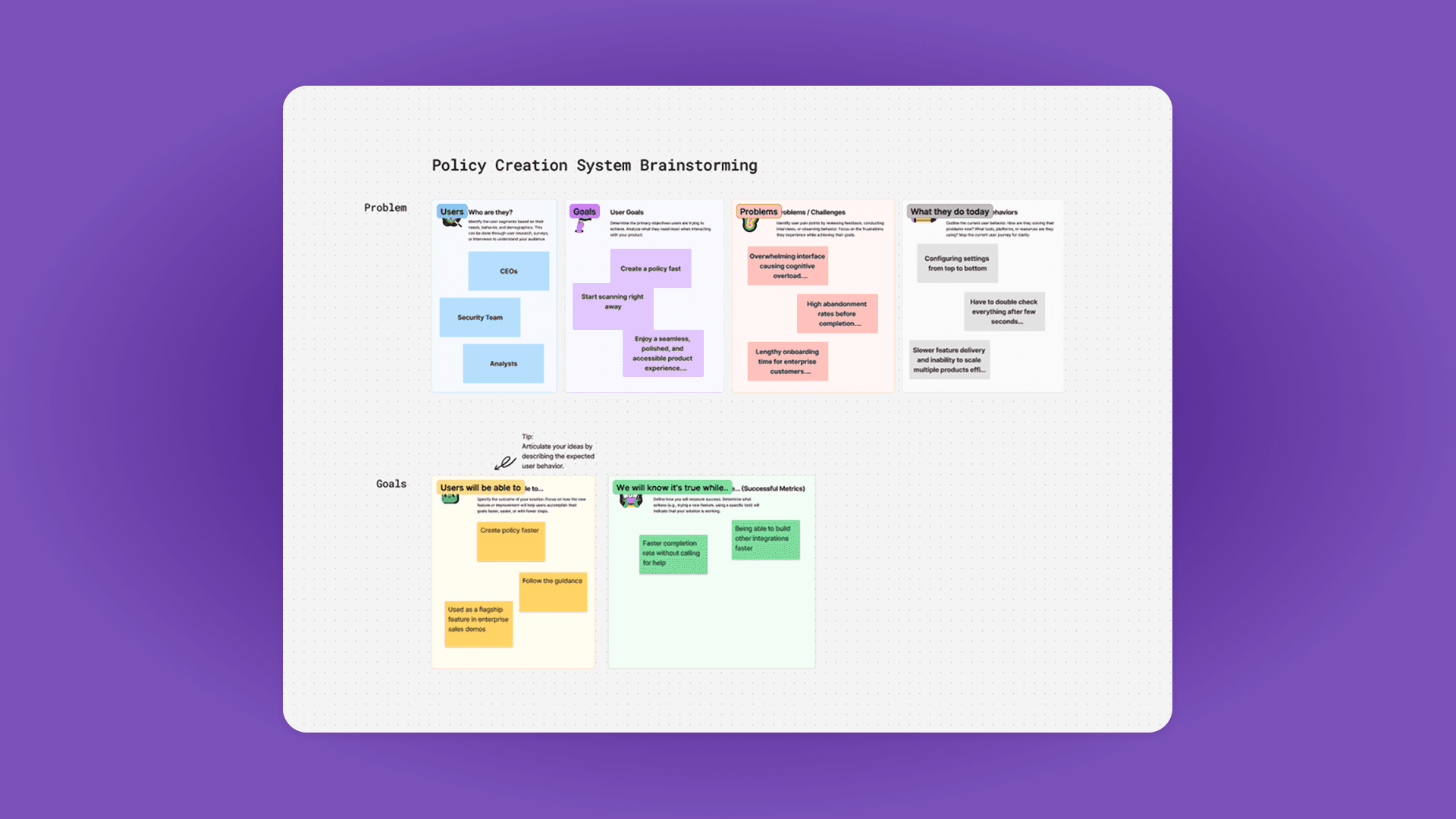 Policy creation system brainstorming board