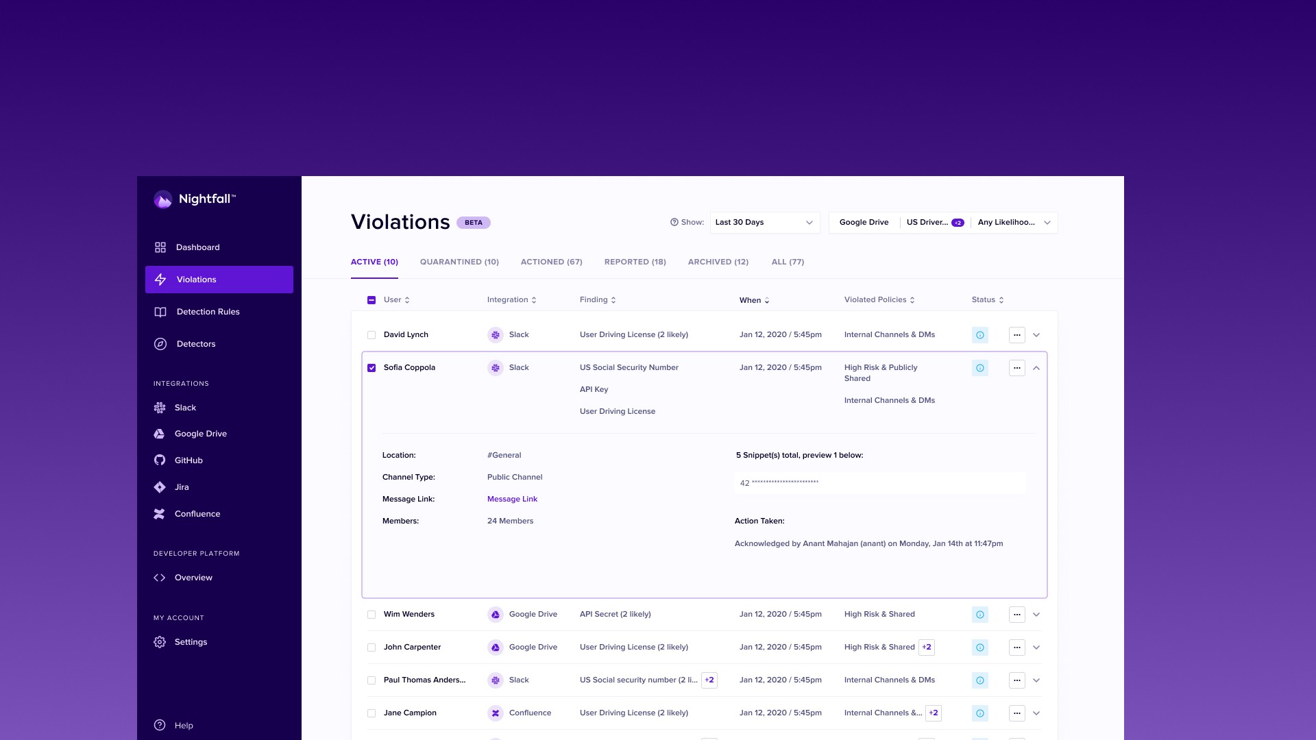 The Violations page